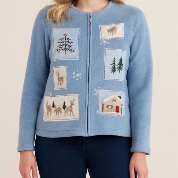 Cozy Winter Vibes Croft & Barrow Blue Fleece Christmas Zip-Up Cardigan - Picture 1 of 6
